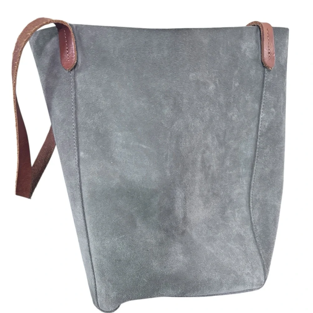 Mark And Graham Large Gray Suede Leather Purse Tote Brown Strap Shopper Bag